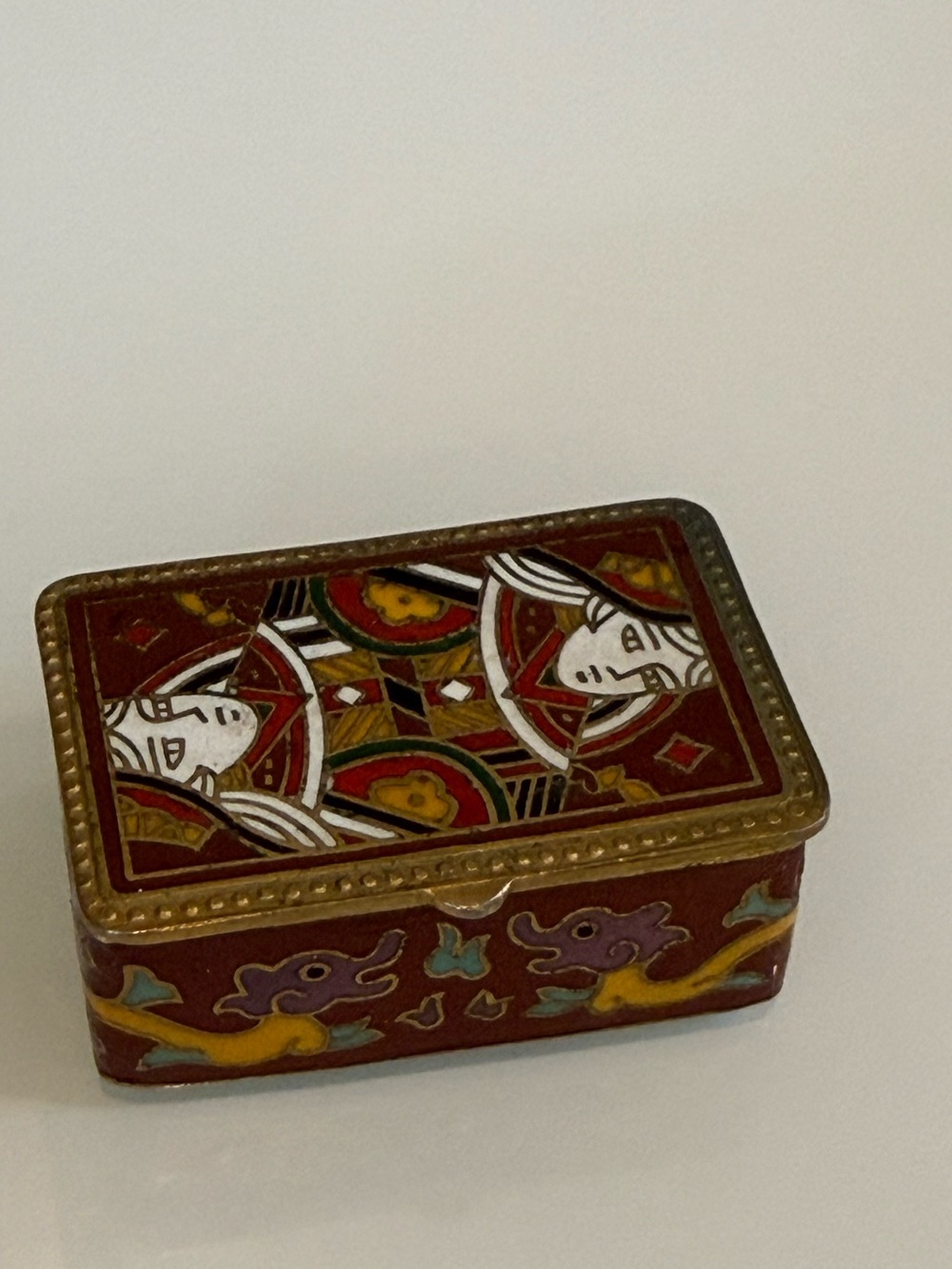 Decorative Cloisonné Queen of Diamons & Dragons Trinket Box in Red and Gold